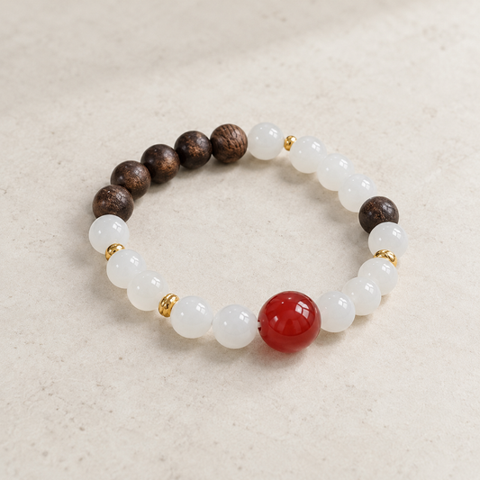 White Jade Red Agate Agarwood Bracelet detail | 白玉紅瑪瑙沉香手鏈細節