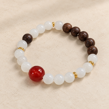 White Jade Red Agate Agarwood Bracelet | 白玉紅瑪瑙沉香手鏈