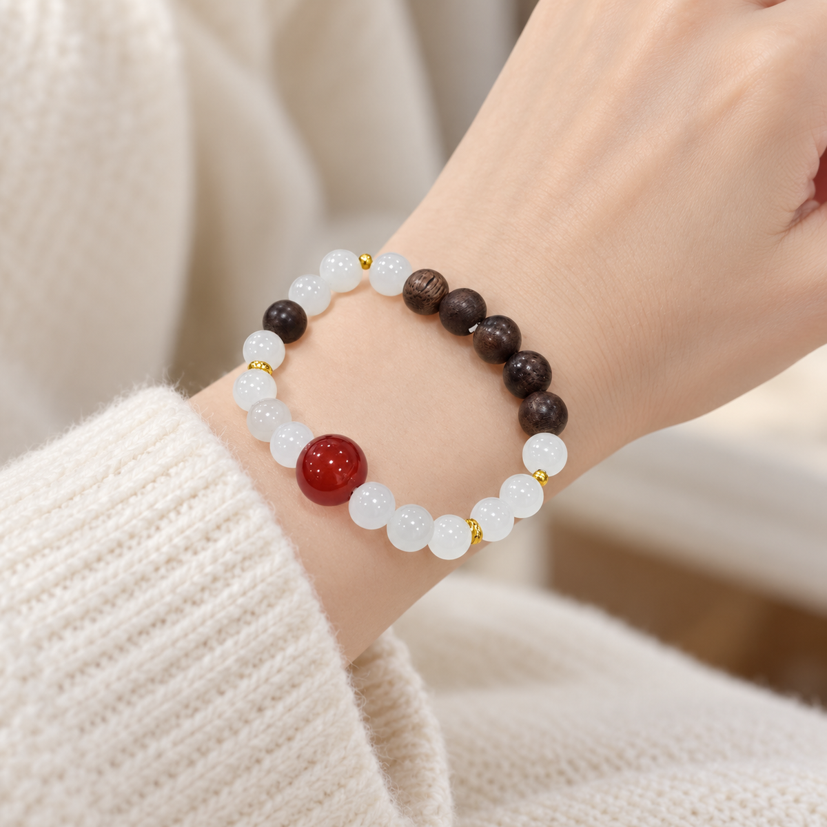 White Jade Red Agate Agarwood Bracelet on wrist | 白玉紅瑪瑙沉香手鏈上手